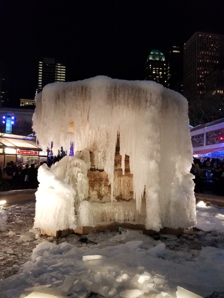 Completely frozen Bryant Park Fountain