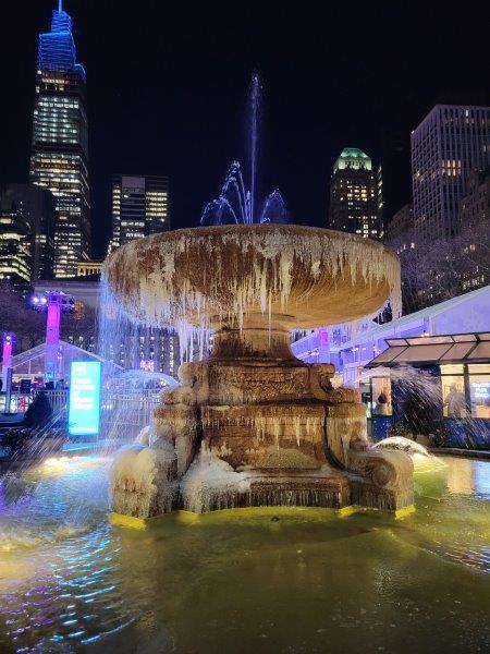 Partially frozen water in the Bryant Park Fountain