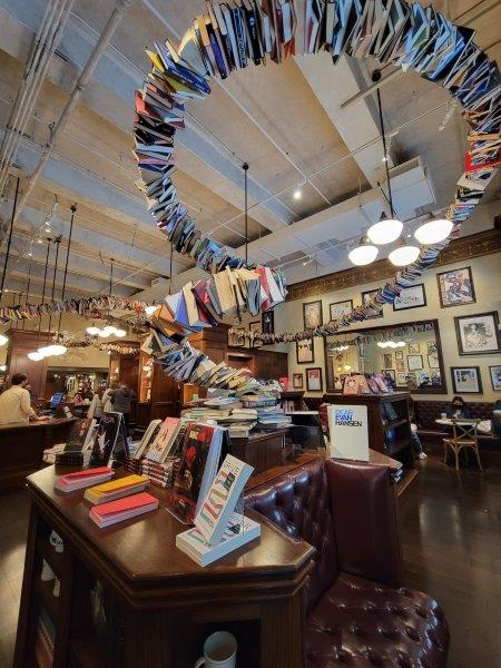 Overhead spiral of books as decoration at the Drama Book Shop in Times Square