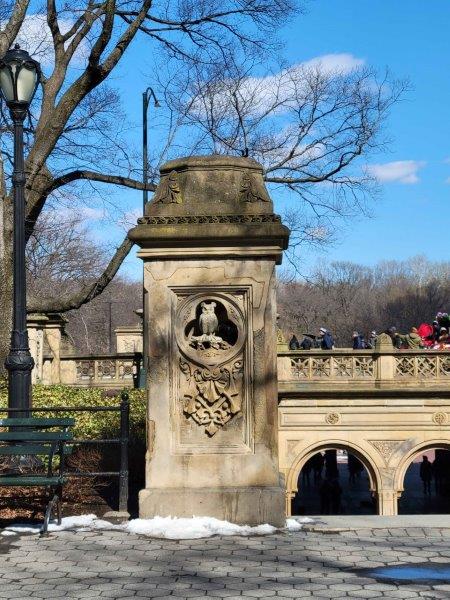 Pillars in Bethesda Terrace with representations of night  with an owl