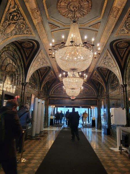 Lobby of Studio 54 with ornate ceilings