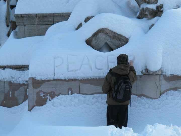 New Yorker writing Peace in the snow in Central Park 