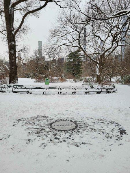 Imagine Mosaic at Strawberry Fields covered in snow