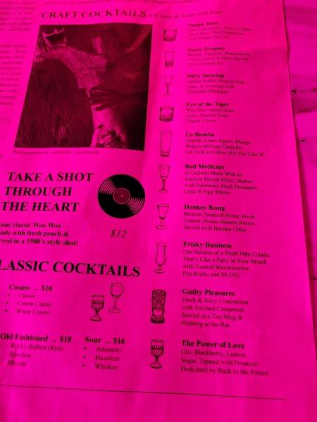 Cocktail menu with adult themed drink names