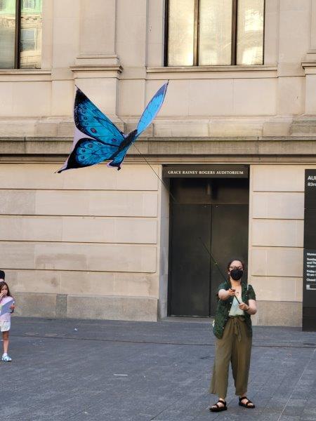 Blue Butterfly puppet outside the museum