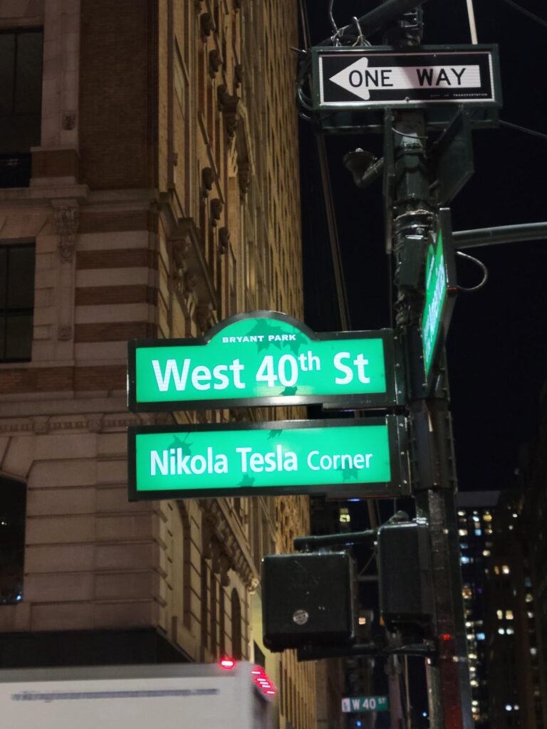 Nikola Tesla corner at the corner of Bryant Park on 40th Street and 6th Avenue in New York City