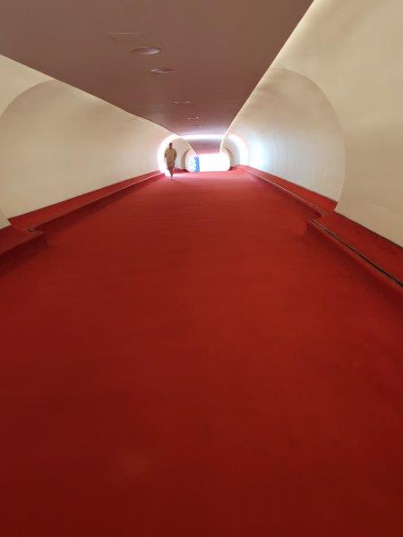 Red carpeted corridor leading to the hotel 