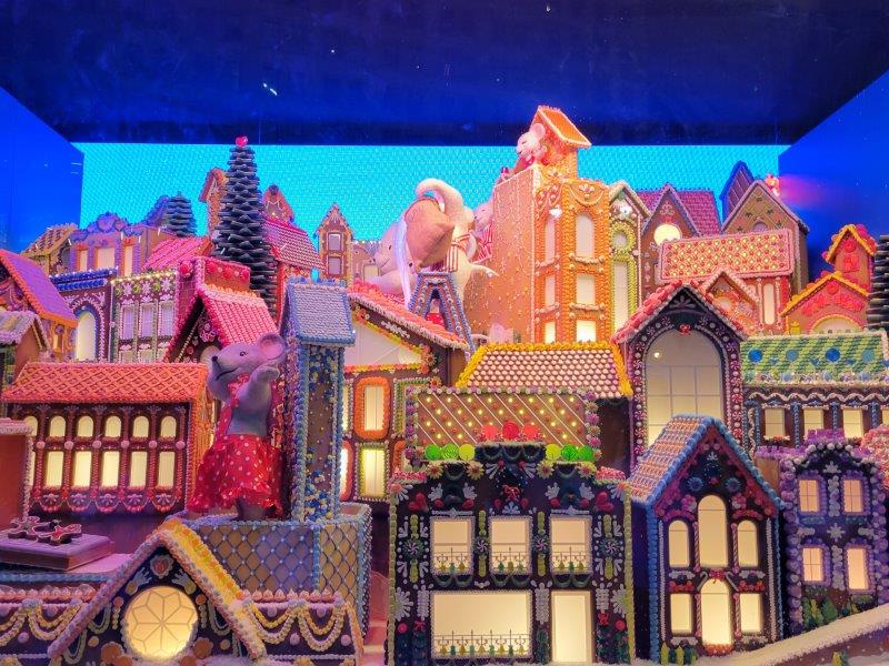 Close up of the display which looks like a gingerbread house