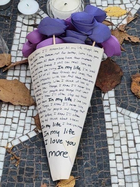 In my life I love you more tribute written by hand with flowers in it 