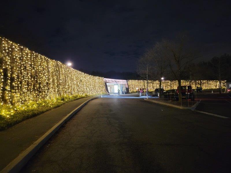 Entrance to the NYBG all lit up for the holidays