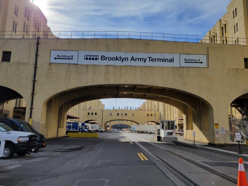 Building A and Building B at Brooklyn Army Terminal with railroad tracks running in between