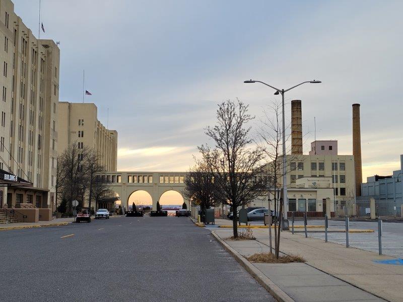 Footbridge with arches at dusk