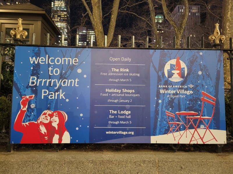 Bryant Park in the winter program with dates 