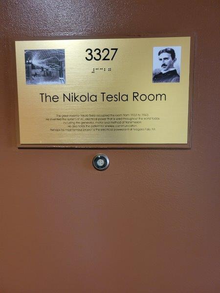 Sign on Room 3327 at the New Yorker Hotel calling it the Nikola Tesla Room 