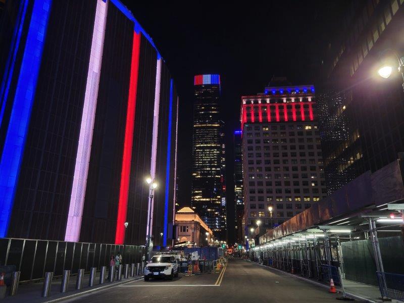 Hudson Yards all lit up in red, white and blue