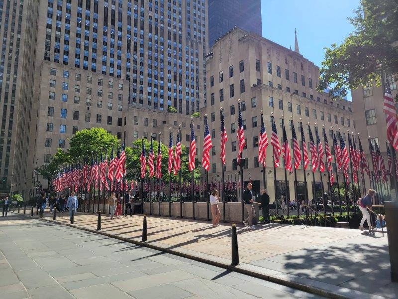 Rockefeller Center with American flags 