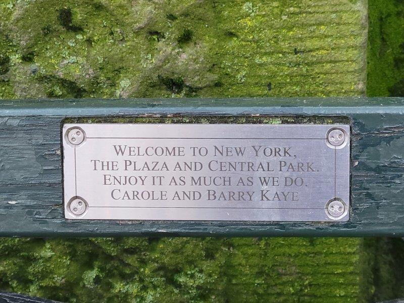 Plaque on endowed Central Park bench