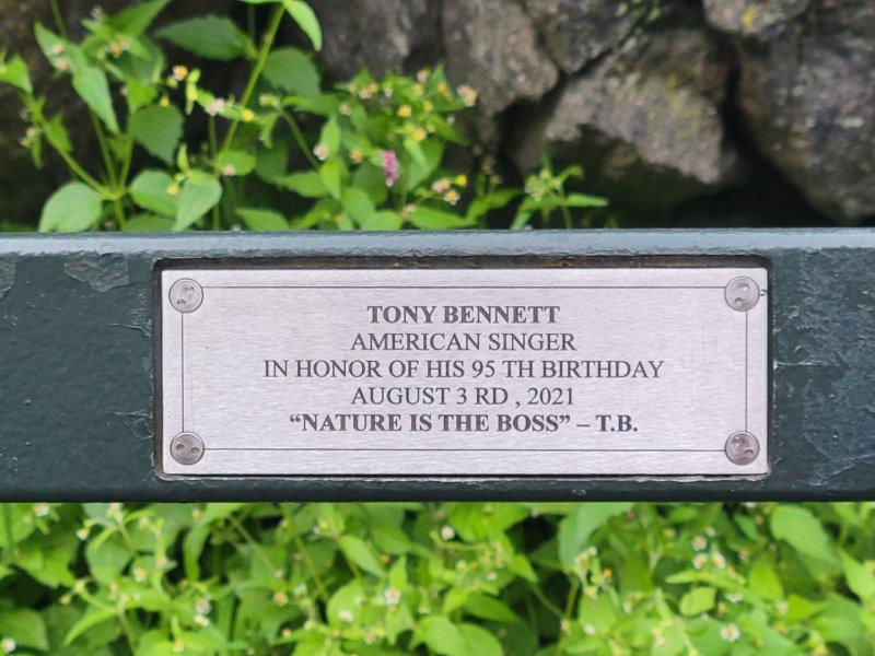 Plaque celebrating Tony Bennett's 95th birthday on August 3rd, 2021 on endowed Central Park bench