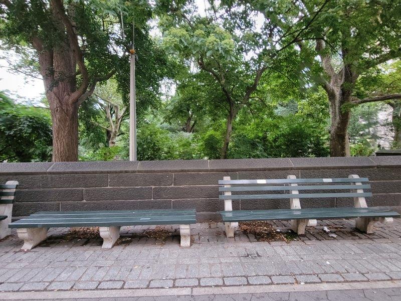 Benches with and without backs along Central Park West