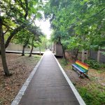 Pathways in Fire Island Pines with a rainbow colored bench