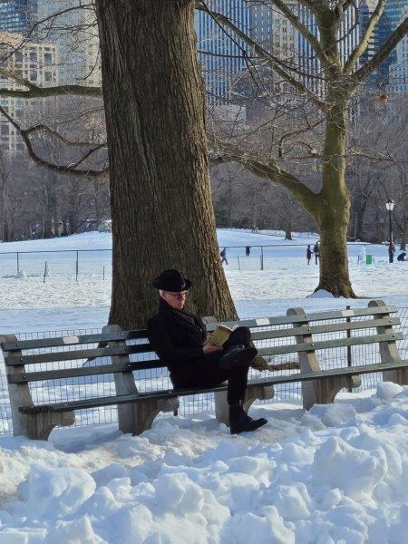 Man reading on a wood and concrete bench in the snow