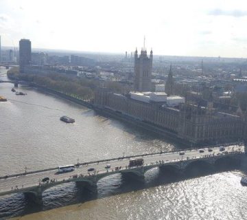 Aerial view of London over the Thames River