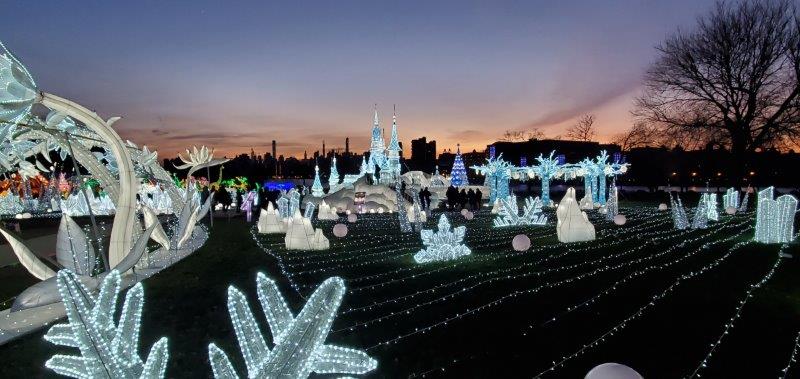 Winter Light Show with a backdrop of Manhattan Skyline at Randall's Island