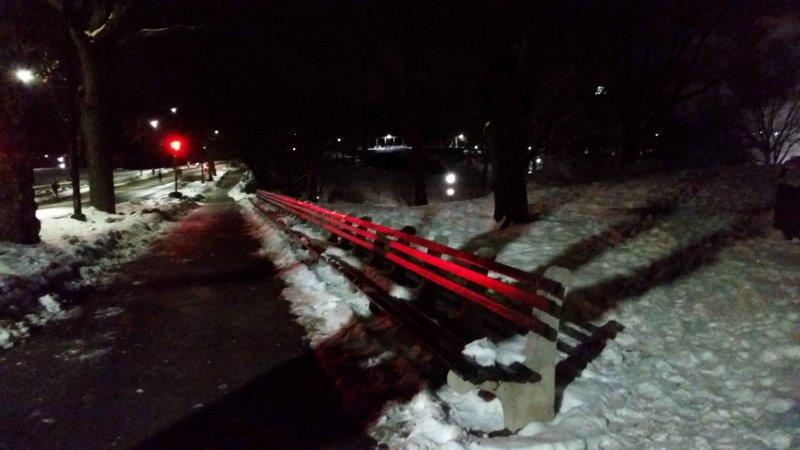 Path through the snow in with traffic light reflecting off benches in Central Park at Night