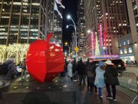 Apple Sculpture on Sixth Avenue with Radio City Music Hall in the background