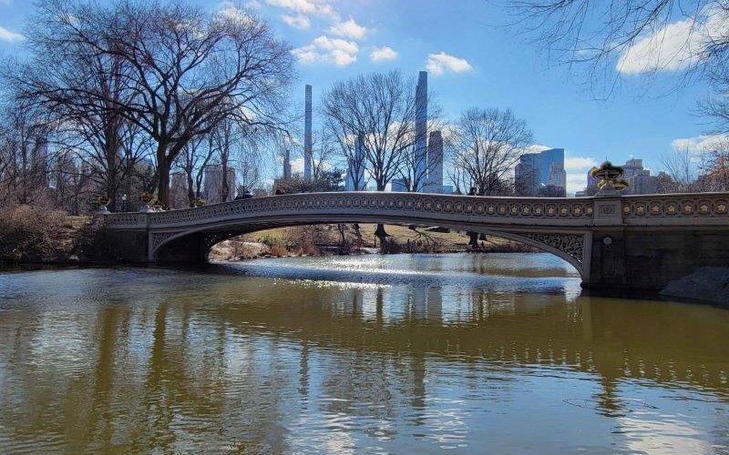 View of Bow Bridge in Central Park with the Manhattan Skyline in the background