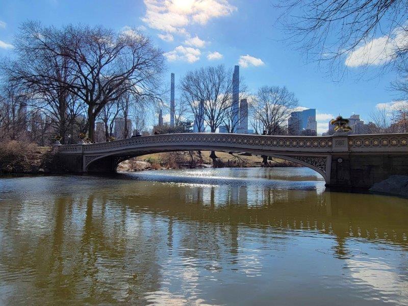 View of Bow Bridge in Central Park with the Manhattan Skyline in the background