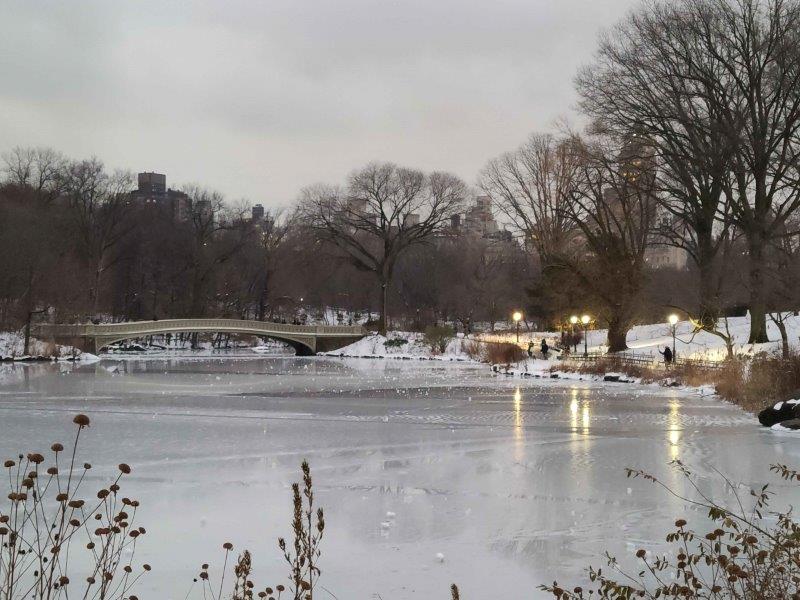 Bow Bridge Central Park in the winter over a frozen lake after a snowfall