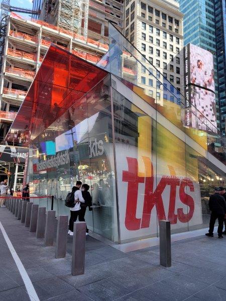 Side view of the TKTS booth in Times Square