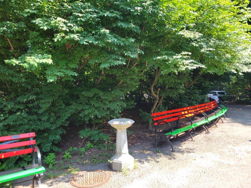 Water Fountain in Prospect Park in Brooklyn between colorful benches painted red and green