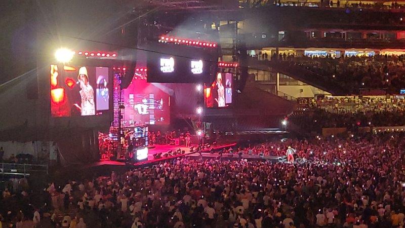 View of the stage and crowd at Hip Hop 50 celebrations at Yankee Stadium in the Bronx