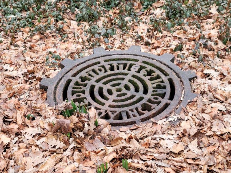 Manhole cover that reads Croton Aqueduct DPT 1862 surrounded by dried leaves in Central Park