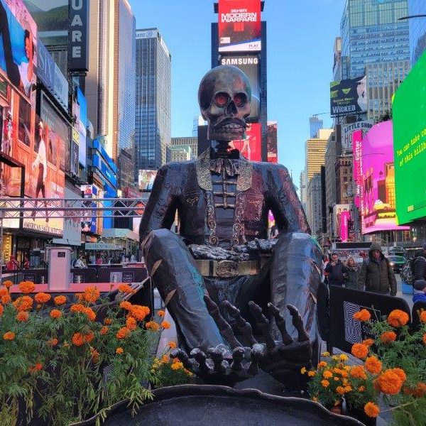 Day of the Dead Art Installation in Times Square with a massive skull figure