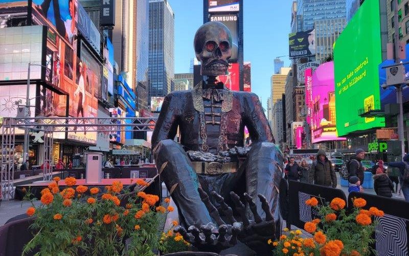 Day of the Dead Art Installation in Times Square with a massive skull figure