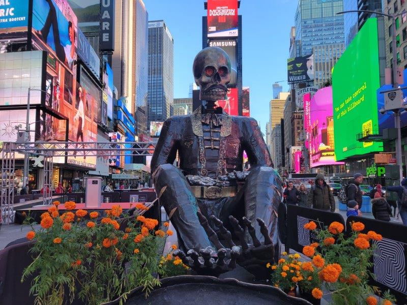 Day of the Dead Art Installation in Times Square with a massive skull figure