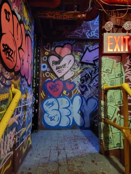 Grafitti filled passage leading to Woo Woo Speakeasy in Times Square - New York City open container law