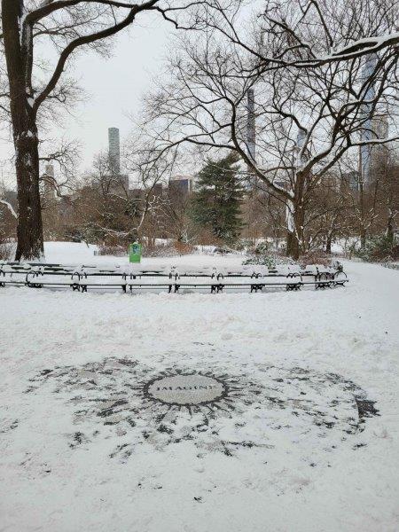 Imagine Mosaic in Central Park covered in snow 