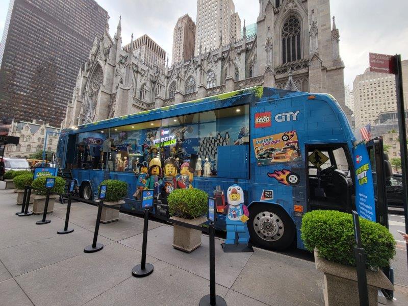 Lego City Bus on Fifth Avenue with a backdrop of St Patrick's Cathedral