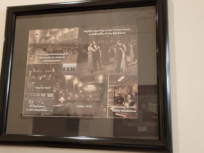 Collage of pictures to show firsts at the hotel, including largest barbershop with 42 chairs, 95 operators managing 3200 telephones