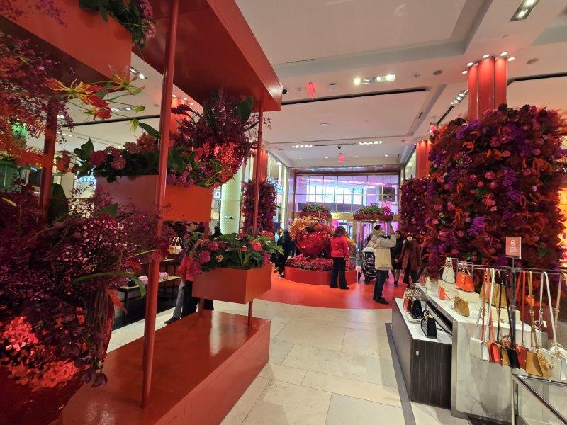 Aisle with floral displays all in red