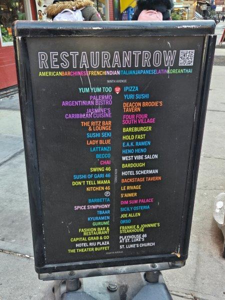 Sign with list of restaurants on restaurant row