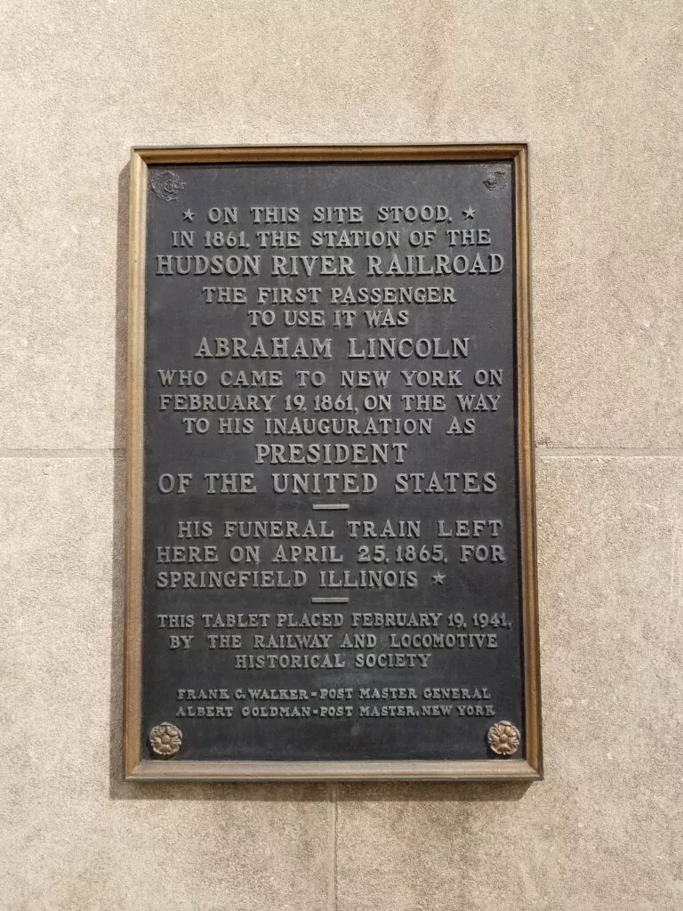 Lincoln marker on 30th Street and 9th Ave to mark the Hudson River Railroad station in New York where Abraham Lincoln visited as the first passenger 