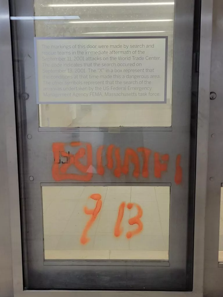 Doorway at the WTC E Train Subway entrance which has markings from the search and rescue effort after the 9/11 attacks 