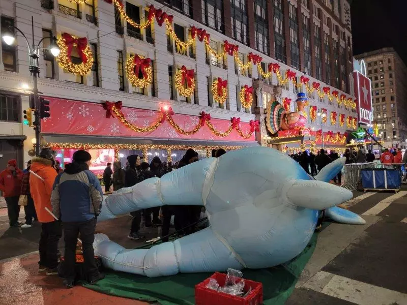 Reindeer balloon being inflated outside Macy's