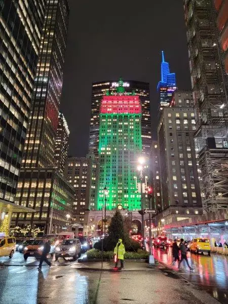 Metlife Building in green and red